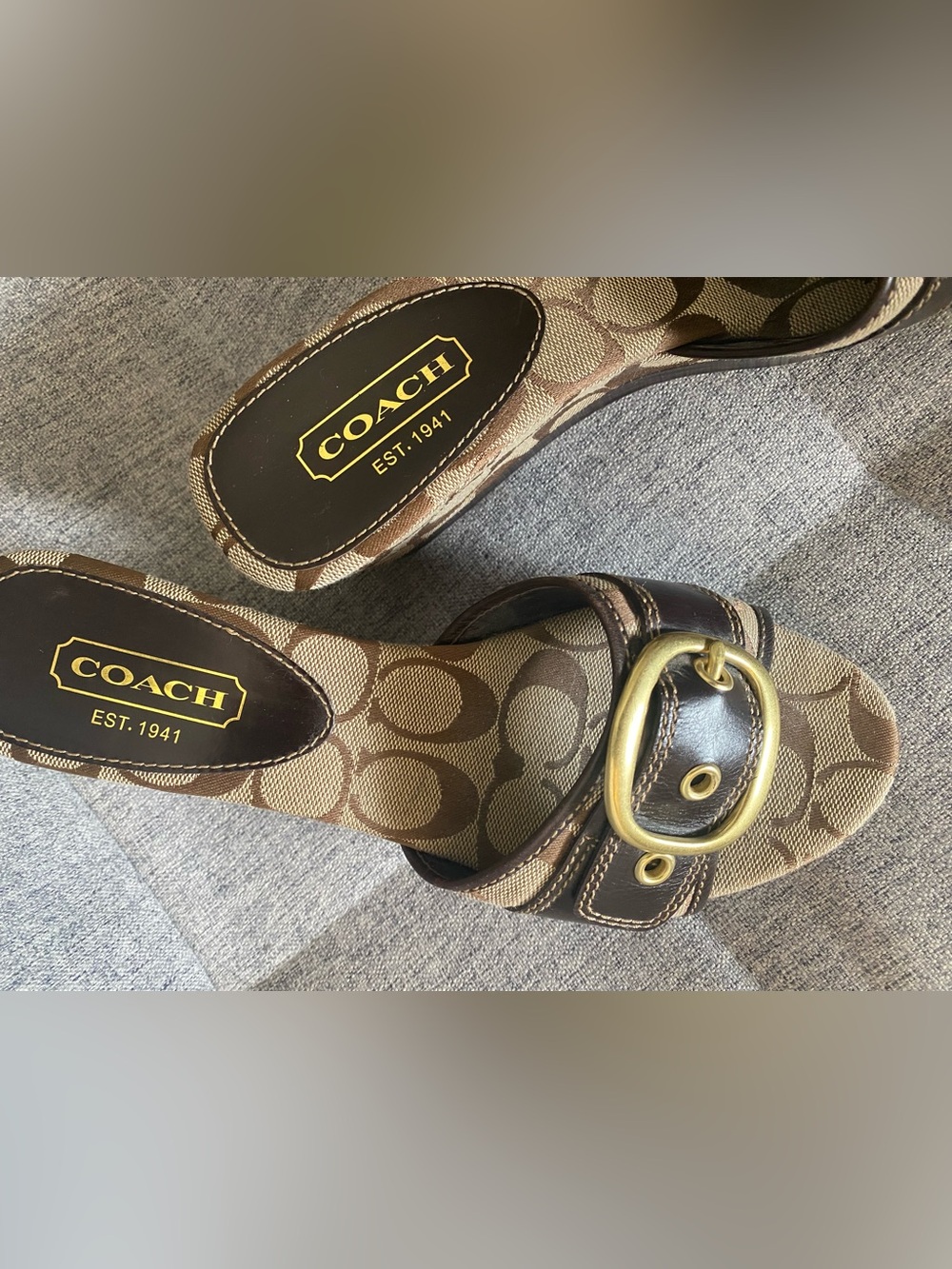 Coach Greta Brown Y2K Luxe Signature Brown Leather Slide Sandals Gold Buckle 7 - Picture 4 of 12